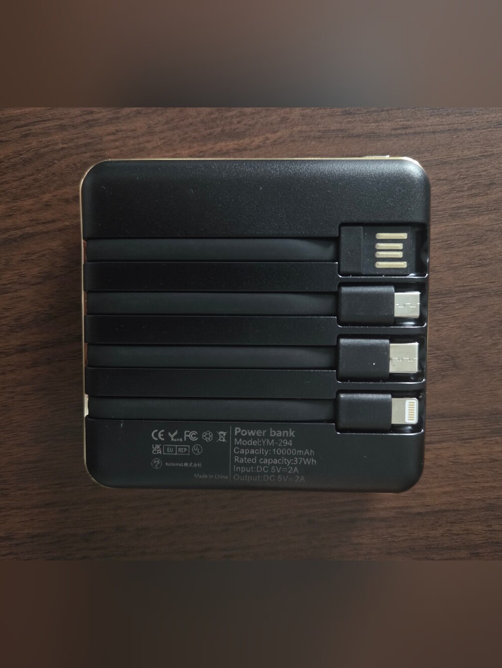 Black Power Bank 10000mAh Portable Charger w/ Integrated Cables